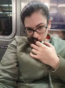 woman with pet rat on subway